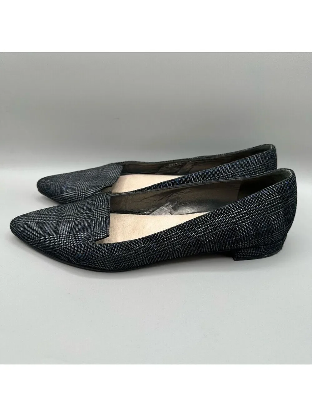 Stuart Weitzman Women Size 7.5 Rialto Plaid Shimmer Flats Gray Black Metallic